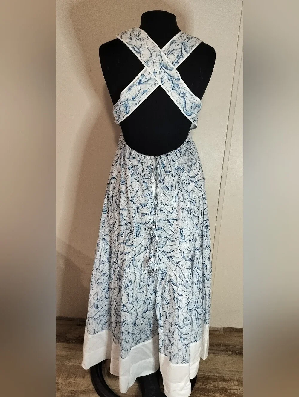 Tory Burch Blue and White Printed Sleeveless Midi Dress